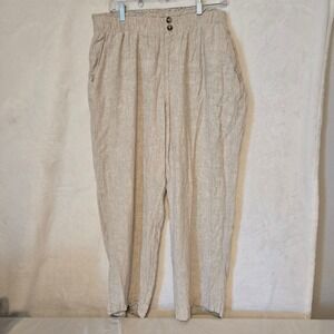 BRIGGS Linen Blend Cropped Pants Elastic Waist Button Detail Beige XL
